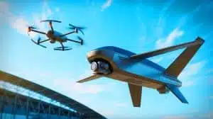 Illustration of advanced anti-drone technology intercepting an unmanned aerial vehicle, generated by artificial intelligence.