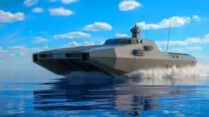 Illustration of the AIRCAT Bengal MC, the world's most advanced autonomous warship, highlighting its innovative design and technology, generated by artificial intelligence.