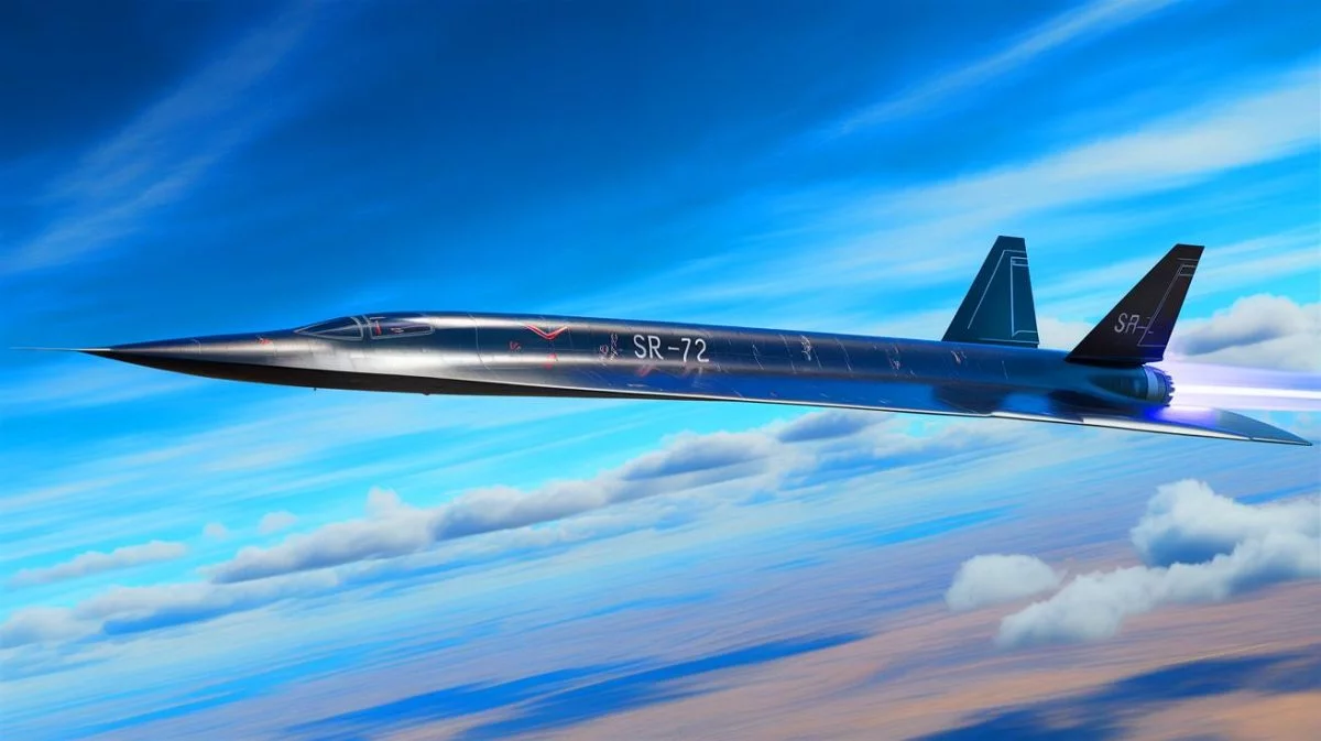 Illustration of the SR-72 "Darkstar" hypersonic aircraft flying at high speed. Image generated by AI.