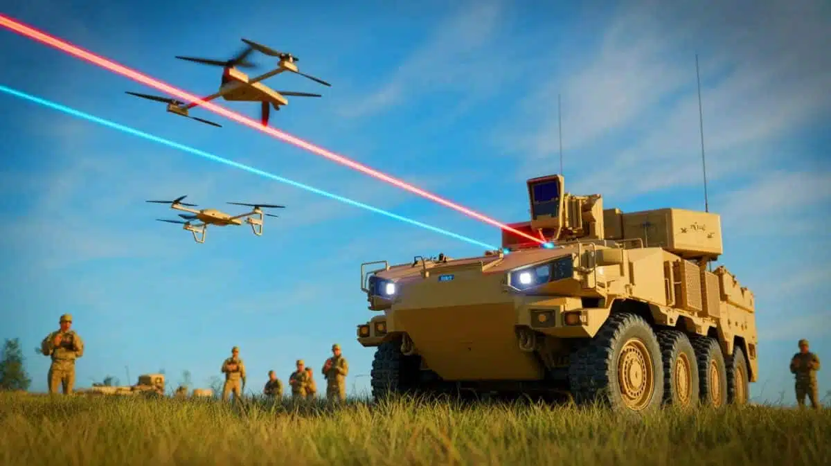 Illustration of the US Army's DE M-SHORAD laser system mounted on a Stryker vehicle during an air defense exercise. Image generated by AI.