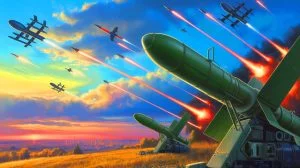 Illustration de la stratégie militaire de la Russie et des défenses aériennes de l'Ukraine, générée par intelligence artificielle.