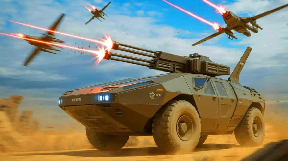 Illustration of the ALKA-KAPLAN hybrid vehicle equipped with a directed energy weapon system, generated by artificial intelligence.