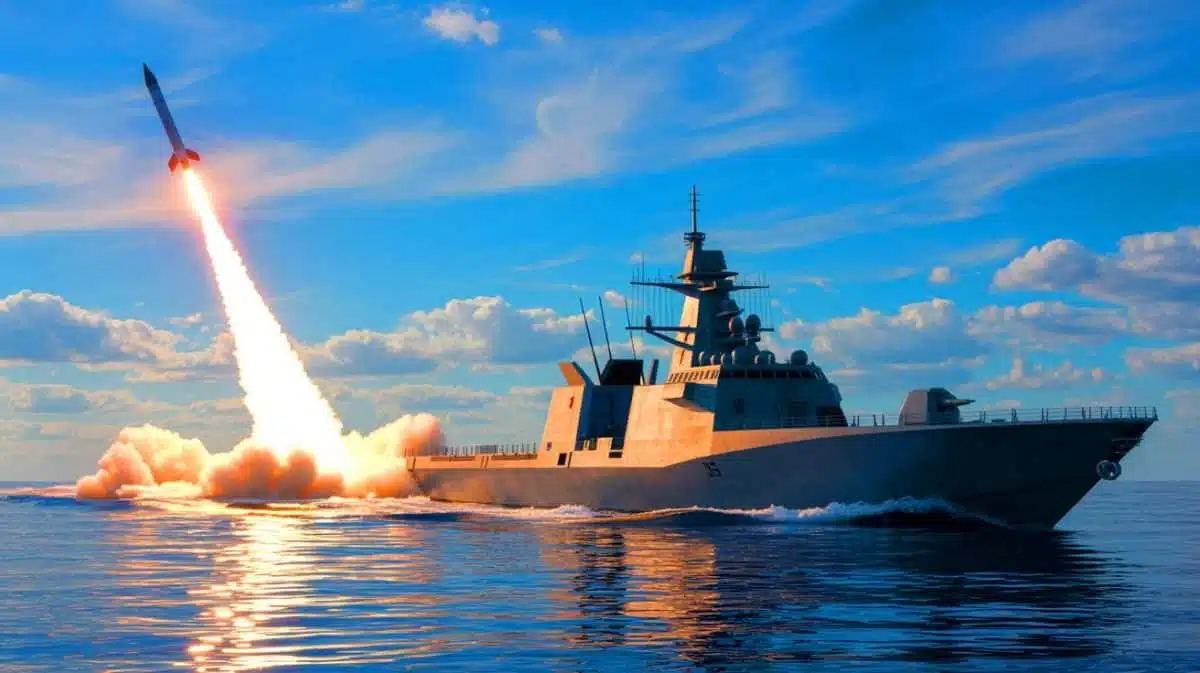 Illustration of the U.S. Department of Defense's SM-6 missile launch from an autonomous drone-ship platform.