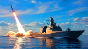Illustration of the U.S. Department of Defense's SM-6 missile launch from an autonomous drone-ship platform.
