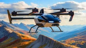 Illustration of Jetson ONE eVTOL completing a mountain rescue test, generated by artificial intelligence.