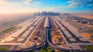 Illustration of the ambitious expansion of Al Maktoum International Airport in Dubai, generated by artificial intelligence.