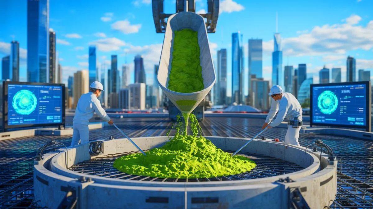 Illustration von der innovativen Nutzung von Algen zur Reduzierung von CO2-Emissionen im Beton, erstellt mit künstlicher Intelligenz.