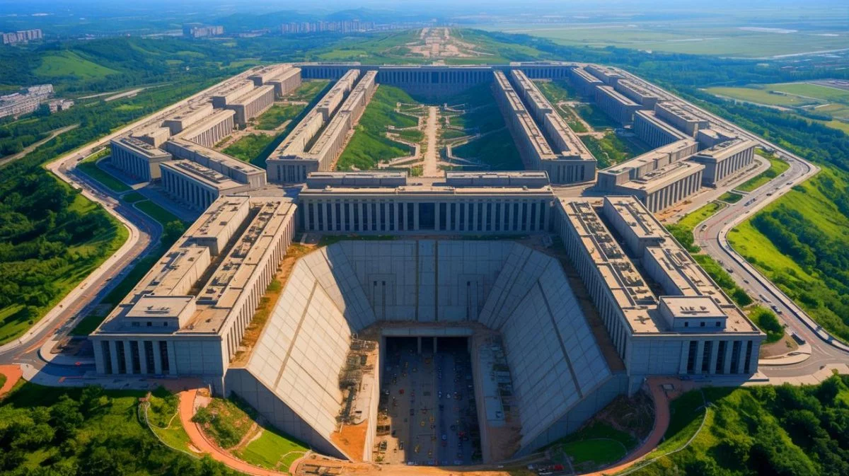 Illustration von der gigantischen Militärfestung "Beijing Military City" in China. Bild durch KI generiert.