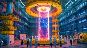 Illustration von einem künstlichen Sonnenreaktor und internationaler Zusammenarbeit, erstellt durch künstliche Intelligenz.