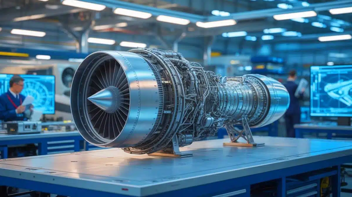 Illustration von einem vollständig im 3D-Druck hergestellten Miniatur-Jet-Triebwerk während eines Testflugs. Bild durch KI generiert.