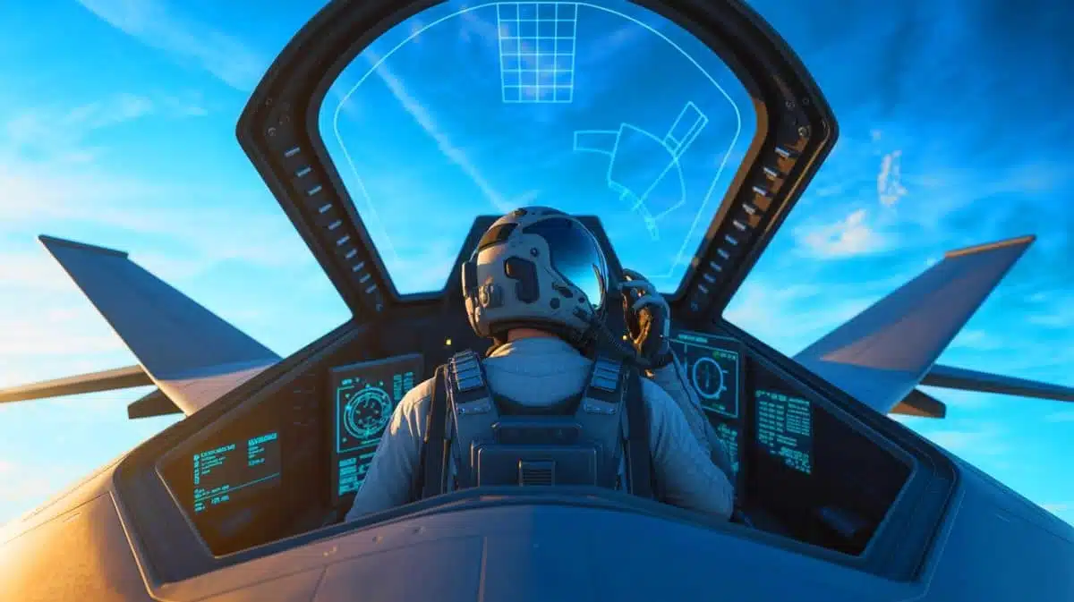 Illustration von einem futuristischen Kampfflugzeug-Cockpit, erstellt mit künstlicher Intelligenz.