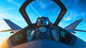 Illustration von einem futuristischen Kampfflugzeug-Cockpit, erstellt mit künstlicher Intelligenz.