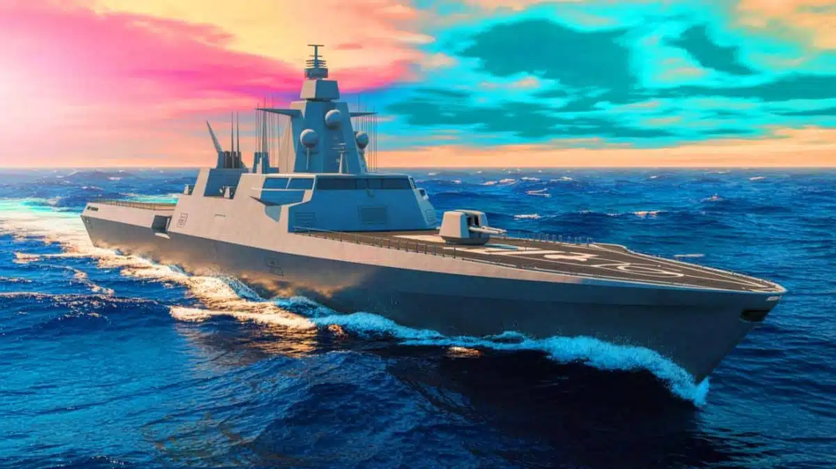Illustration von einem autonomen Kriegsschiff auf hoher See, erstellt mithilfe künstlicher Intelligenz.