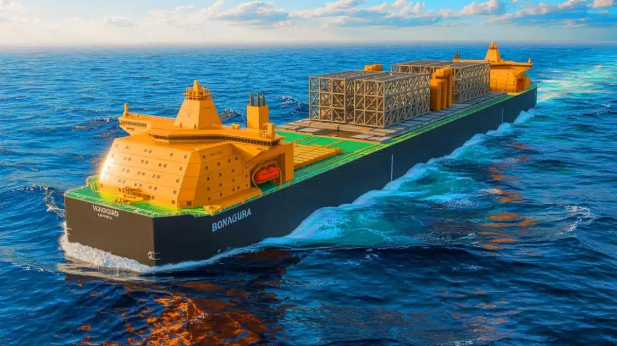 Illustration von dem halbtauchfähigen Transportschiff BOKA Vanguard, erstellt durch künstliche Intelligenz.