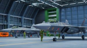 Illustration von der Enthüllung der J-35 Tarnkappenjets in einem chinesischen Hangar, erstellt durch künstliche Intelligenz.