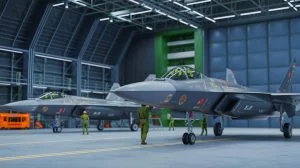 Illustration von der Enthüllung der J-35 Tarnkappenjets in einem chinesischen Hangar, erstellt durch künstliche Intelligenz.