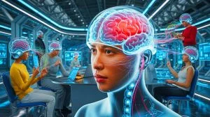 Illustration von der Schnittstelle zwischen Mensch und Maschine im Kontext fortschrittlicher Gehirn-Technologie, erstellt mit künstlicher Intelligenz.