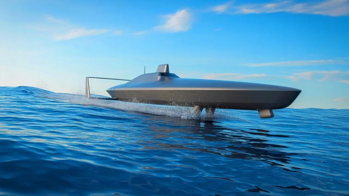 Illustration von einem autonomen 9-Meter-Drohnenboot für maritime Sicherheitsoperationen, erstellt durch künstliche Intelligenz.