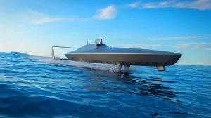 Illustration von einem autonomen 9-Meter-Drohnenboot für maritime Sicherheitsoperationen, erstellt durch künstliche Intelligenz.