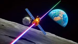 Illustration von einem präzisen Laserstrahl, der einen Mond-Satelliten bei Tageslicht trifft.