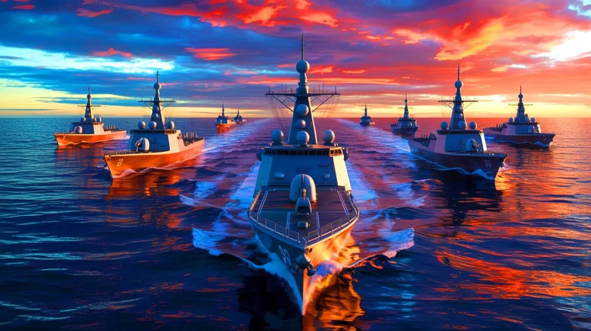 Illustration von der strategischen Herausforderung der USA durch die wachsende maritime Macht Chinas, erstellt mithilfe künstlicher Intelligenz.