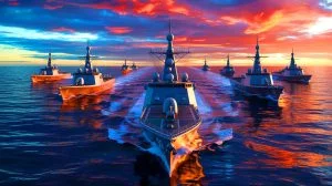 Illustration von der strategischen Herausforderung der USA durch die wachsende maritime Macht Chinas, erstellt mithilfe künstlicher Intelligenz.