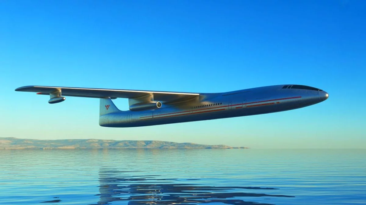 Illustration von einem modernen Ekranoplan, inspiriert vom chinesischen „Bohai-See-Monster“, mithilfe künstlicher Intelligenz erstellt.