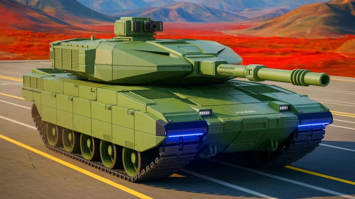 Illustration von einem futuristischen K3-Wasserstoffpanzer, einer künstlichen Intelligenz-gestützten Darstellung.