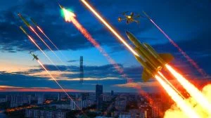 Illustration von einem intensiven Luftangriff Russlands auf die Ukraine, erstellt mit künstlicher Intelligenz.