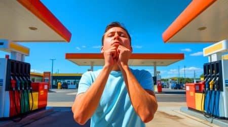 Illustration von der Faszination und den gesundheitlichen Risiken des Benzingeruchs, erstellt durch Künstliche Intelligenz.