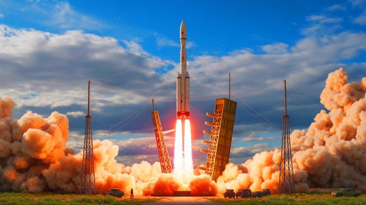 Illustration von einem V2-Raketenstart und seiner Bedeutung im Zweiten Weltkrieg.