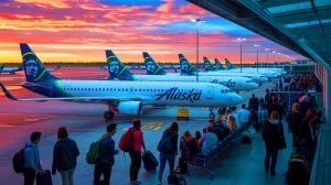 Illustration von einem IT-Ausfall bei Alaska Airlines, der die gesamte Flotte lahmlegte, erstellt durch künstliche Intelligenz.