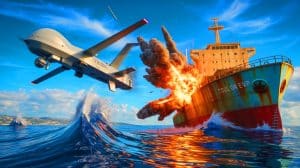Illustration von einem Drohnentest der französischen Marine gegen ein Frachtschiff, erstellt mithilfe künstlicher Intelligenz.