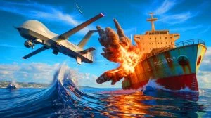 Illustration von einem Drohnentest der französischen Marine gegen ein Frachtschiff, erstellt mithilfe künstlicher Intelligenz.