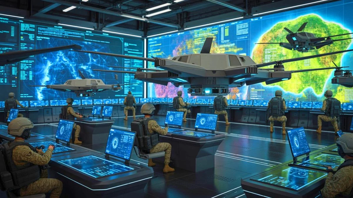 Illustration von einem digitalen Schlachtfeldnetzwerk, das militärische Effizienz durch künstliche Intelligenz steigert.
