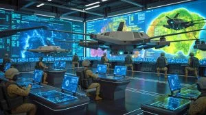 Illustration von einem digitalen Schlachtfeldnetzwerk, das militärische Effizienz durch künstliche Intelligenz steigert.