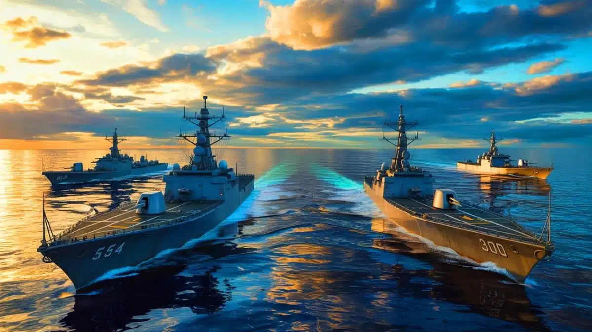 Illustration von Japans militärischer Aufrüstung und geopolitischen Spannungen im Indo-Pazifik, erstellt durch künstliche Intelligenz.