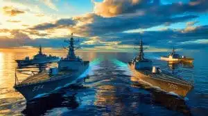Illustration von Japans militärischer Aufrüstung und geopolitischen Spannungen im Indo-Pazifik, erstellt durch künstliche Intelligenz.