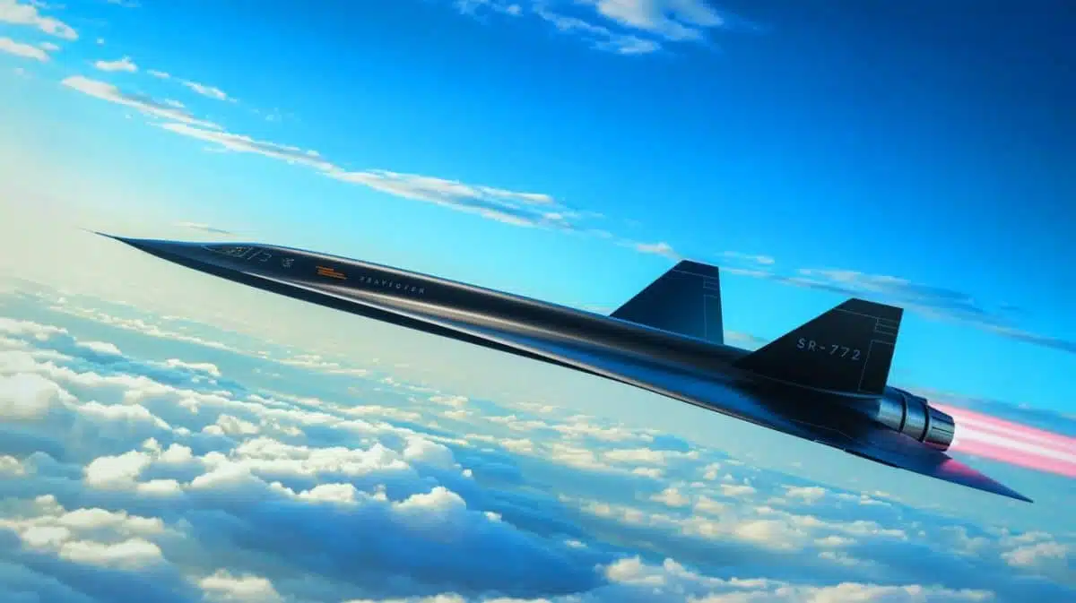 Illustration von einem futuristischen SR-72 „Darkstar“ Hyperschallflugzeug, erstellt mit künstlicher Intelligenz.