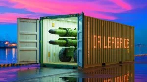 Illustration von Raketenwerfern, verborgen in Frachtcontainern, um mobile und verdeckte Angriffe zu ermöglichen, erstellt durch künstliche Intelligenz.