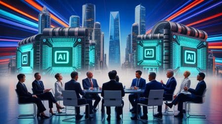 Illustration von geopolitischen Spannungen und der Rolle der Künstlichen Intelligenz in der Halbleiterindustrie.