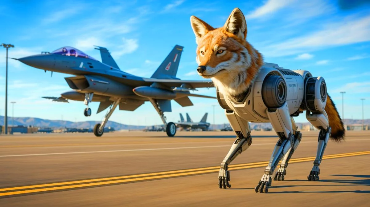 Illustration von einem Roboterkojoten auf einem militärischen Flugfeld, erstellt mit künstlicher Intelligenz.