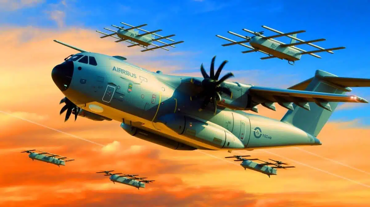 Illustration von einem Airbus A400M, der Drohnenkoordination und elektronische Kriegsführung demonstriert.