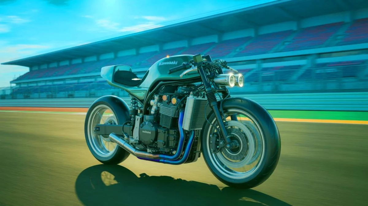 Illustration von einem wasserstoffbetriebenen Motorrad von Kawasaki, erstellt mit künstlicher Intelligenz.