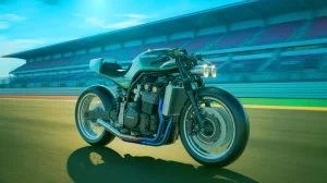 Illustration von einem wasserstoffbetriebenen Motorrad von Kawasaki, erstellt mit künstlicher Intelligenz.