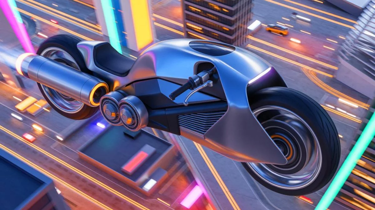 Illustration von einem innovativen fliegenden Motorrad, das Luftfahrttechnologie und Drohnentechnologie vereint.