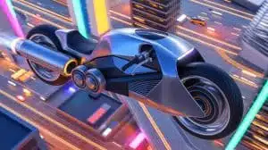 Illustration von einem innovativen fliegenden Motorrad, das Luftfahrttechnologie und Drohnentechnologie vereint.