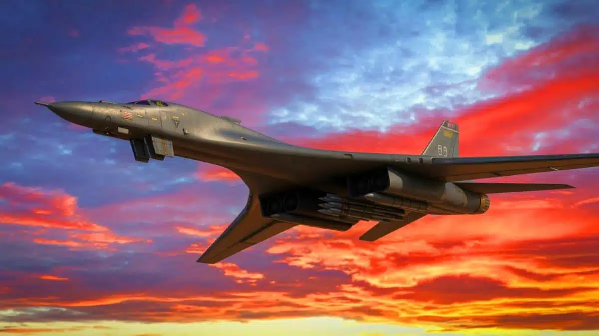 Illustration von einem B-1B-Bomber mit neuen LAM-Pylonen für Hyperschallwaffen, erstellt mithilfe künstlicher Intelligenz.