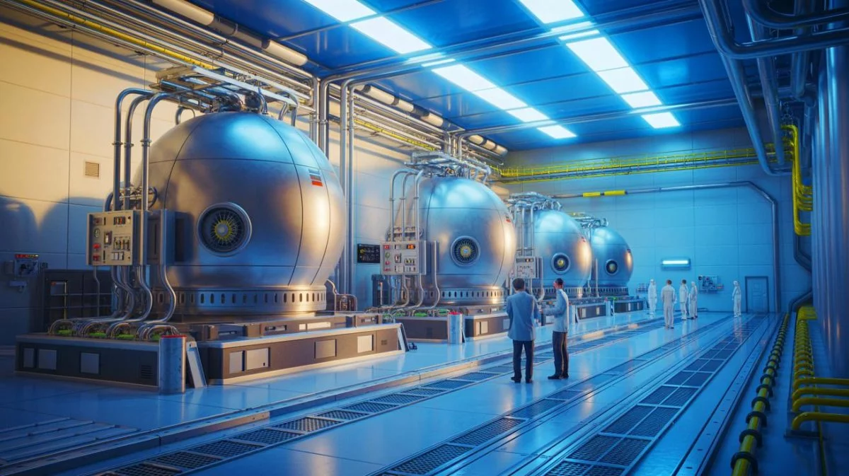 Illustration von der Entwicklung fortschrittlicher Atomreaktoren zur Förderung erneuerbarer Energien.
