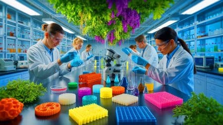 Illustration von der Entwicklung kompostierbarer Bioplastikmaterialien durch Mikroben.